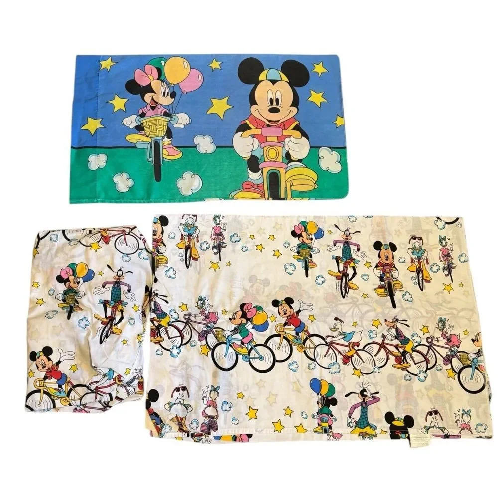 Vintage 1990's Mickey & Friends Tour De Mick Sheet Set For Twin & Pillow Bicycle